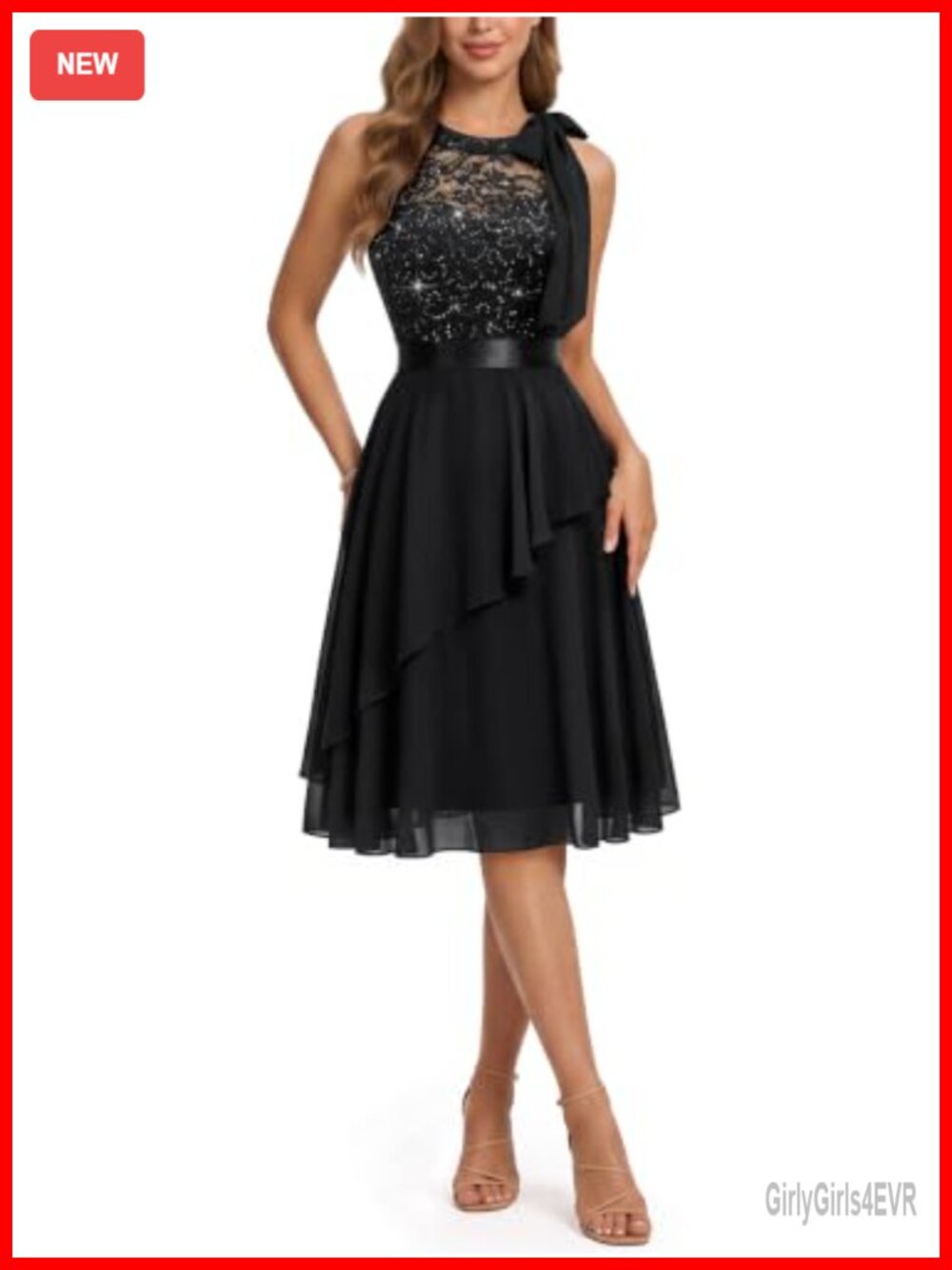 Sequin Lace Halter Keyhole Back Pleated Chiffon Party Dress
